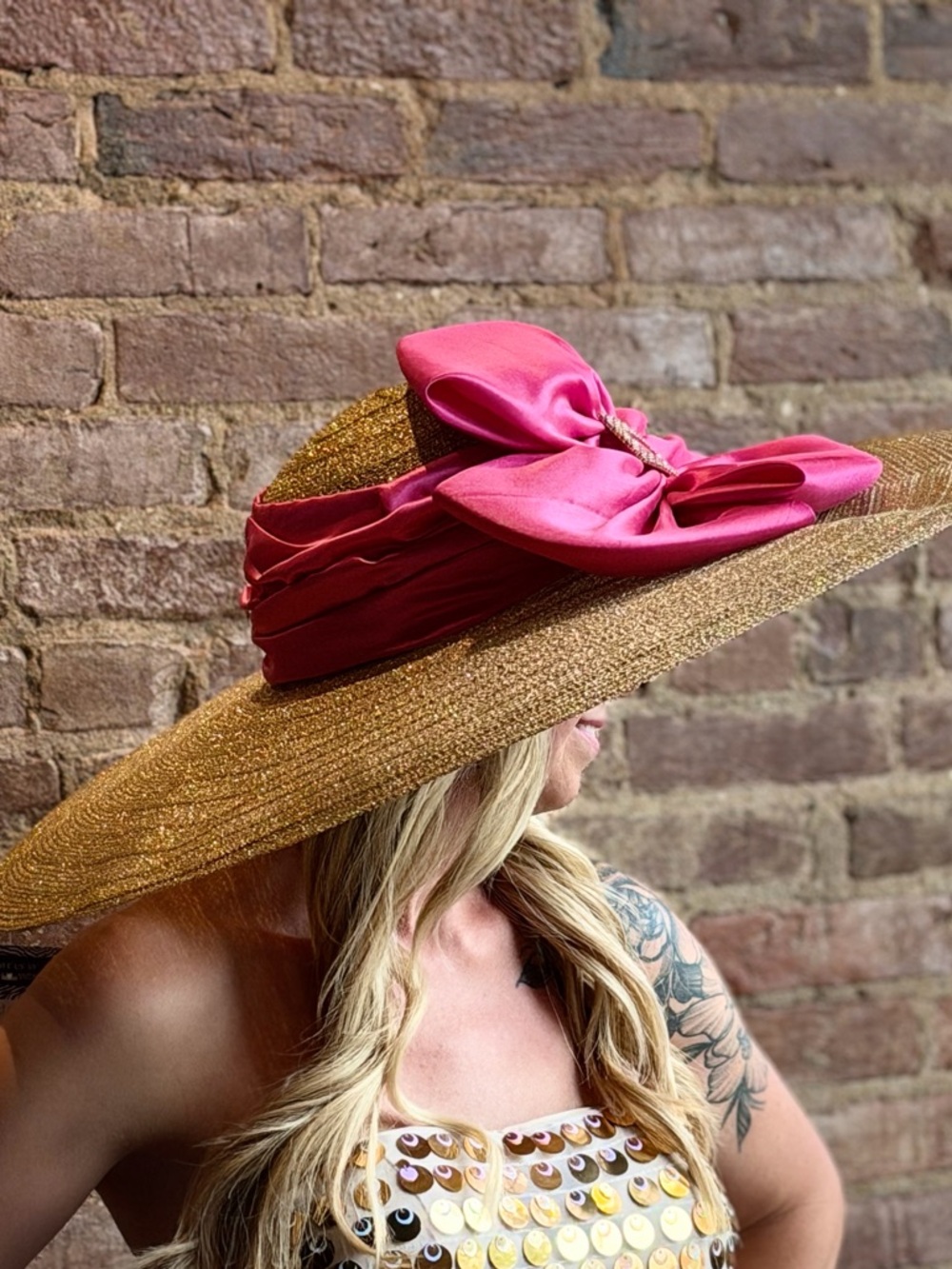 Wide-Brim Straw Sun Hat with Pink Satin Bow